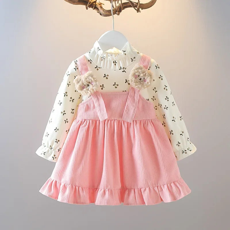 Baby Girl Dresses Spring and Autumn Floral Bear Girl Dresses Cute Long Sleeve Girls Dresses Baby Clothes Girl 