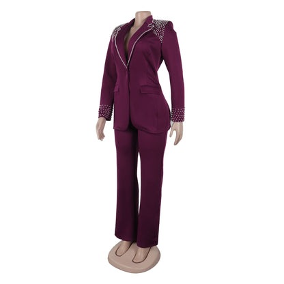 CM.YAYA Fashion Pearl Splicing Women's Set Long Sleeve Blazer and Wide Leg Pants Suit 2024 Winter OL Fall Two 2 Piece Set Outfit
