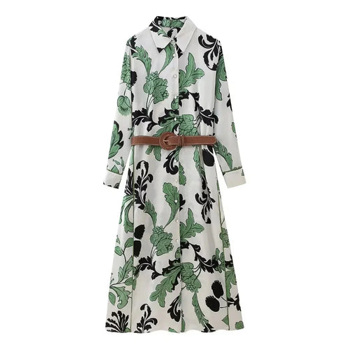 Spring and summer women's fashionable new style with belt printed shirt style dress