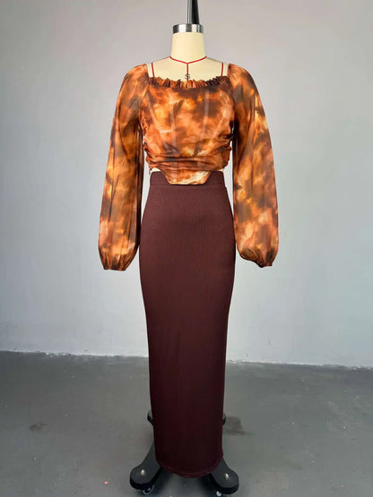 CM.YAYA Fashion Elegant Mesh Printed Women Set Street Tops + High Waist Long Skirts Suits Party Birthday Two 2 Piece Sets Dress