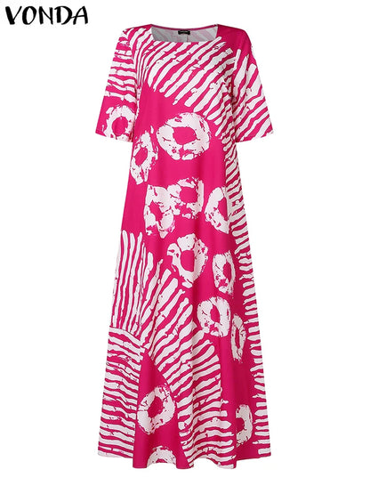 Plus Size Women Bohemian Maxi Dress 2025 Summer Printed Long Sundress VONDA Beach Party Vestidos Half Sleeve Casual Loose Robe