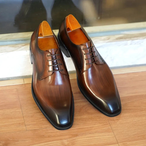 Men's Business Casual Shoes Distressed Wood Grain Square Toe Leather Derby Comfortable Office Wear Formal Dress Shoes Footwear