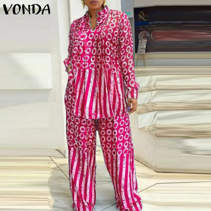 Plus Size 5XL VONDA Women Matching Sets 2024 Fashion Long Sleeve Suits Polka Dot Striped Shirts And Elastic Waist Pant Sets