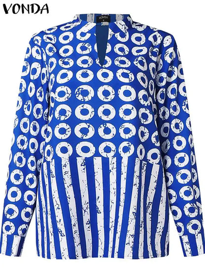 Plus Size 5XL VONDA Women Matching Sets 2024 Fashion Long Sleeve Suits Polka Dot Striped Shirts And Elastic Waist Pant Sets