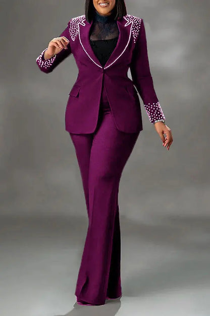 CM.YAYA Fashion Pearl Splicing Women's Set Long Sleeve Blazer and Wide Leg Pants Suit 2024 Winter OL Fall Two 2 Piece Set Outfit