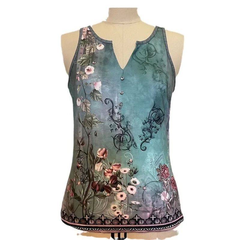 2024 New Casual Small Vest T-shirt Suspenders Woman Clothes Fashion V-neck Painted Grace Top Ladies Tank Top Camisole for Summer