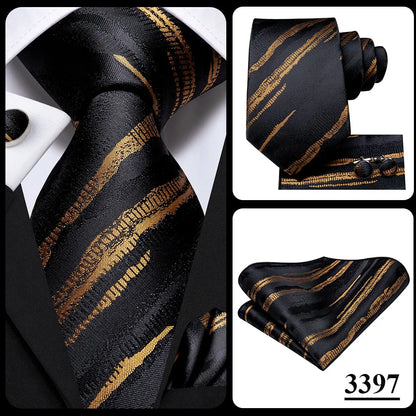 Hi-Tie Psialey Black Gold Silk Elegant Tie For Men Groom Wedding Men Necktie Pocket Square Cufflink Accessory Wholesale Designer