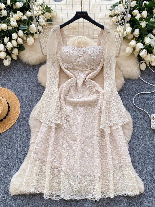 Spring France Elegant Vintage High End Evening Dress Women 3D Flower Lace Hollow Out Party Dress Female Casual Chic Clothing New