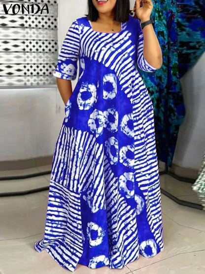 Plus Size Women Bohemian Maxi Dress 2025 Summer Printed Long Sundress VONDA Beach Party Vestidos Half Sleeve Casual Loose Robe
