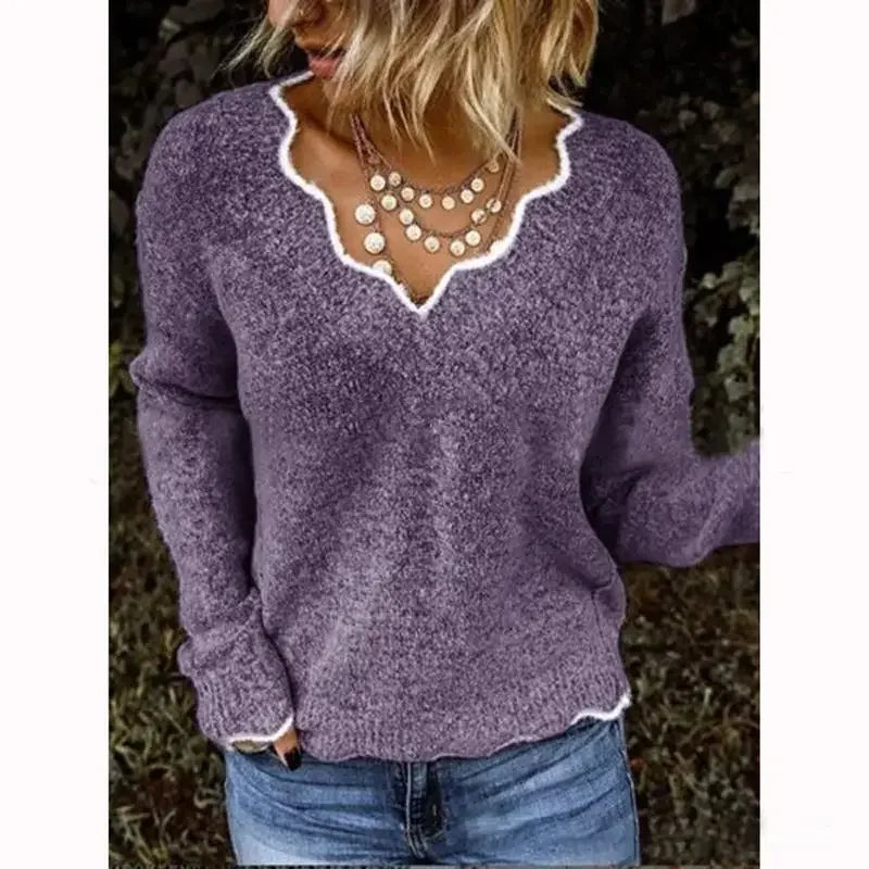 ALLUKASA 2025  Autumn Winter Women's Solid Color Long Sleeved V-neck Knitted Cute Pullover Sweater Loose