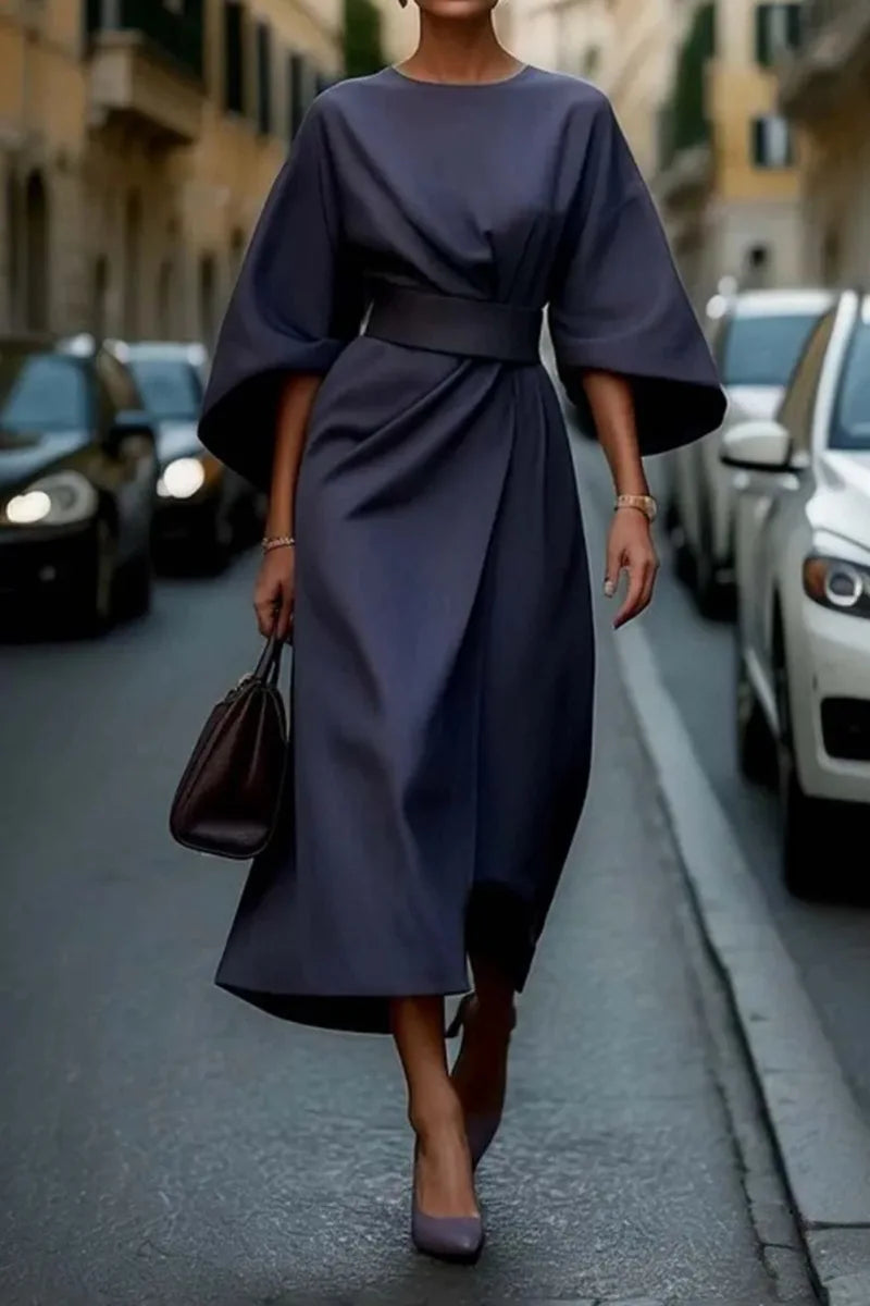 Spring Summer New Women's Fashion Style Elegant Solid Color Waist Dress Casual Bat Sleeve Long Dress Vestidos Para Mujer