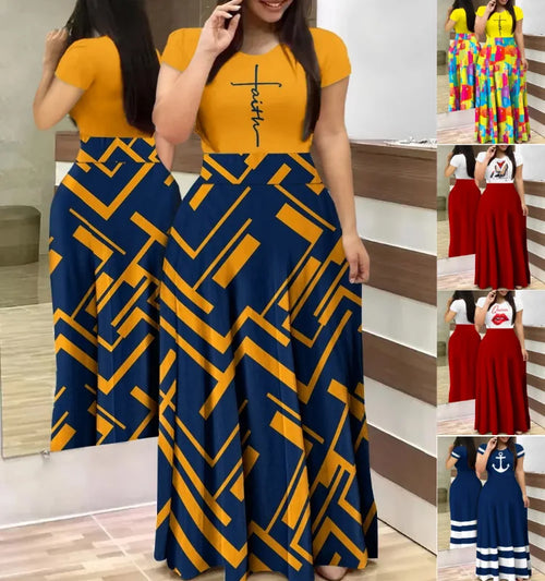 2024 Spring Women's Dress Fashion Round Neck Short Sleeve Printed A-Line Casual Dress Commuter Elegant Long Dress Vestidos