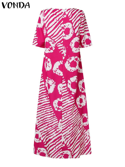 Plus Size Women Bohemian Maxi Dress 2025 Summer Printed Long Sundress VONDA Beach Party Vestidos Half Sleeve Casual Loose Robe