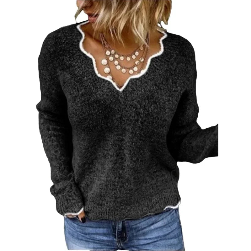 ALLUKASA 2025  Autumn Winter Women's Solid Color Long Sleeved V-neck Knitted Cute Pullover Sweater Loose