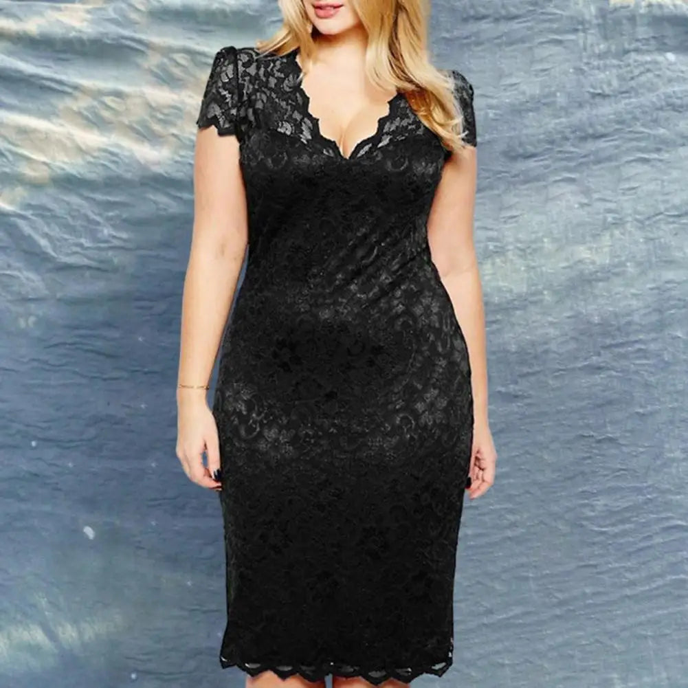 Summer Women See-through Lace Patchwork Mini Dress V-Neck Short Sleeve Slim Fit Plus Size Party Dress Female Clothing