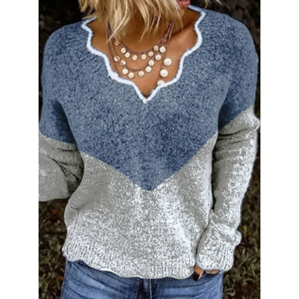 ALLUKASA 2025  Autumn Winter Women's Solid Color Long Sleeved V-neck Knitted Cute Pullover Sweater Loose