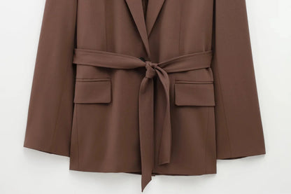 KONDALA 2026 Spring Office Lady Elegant Brown Women Suit Fashion Casual Sashes Oversized Shrug Blazer Chic Zipper Long Pant