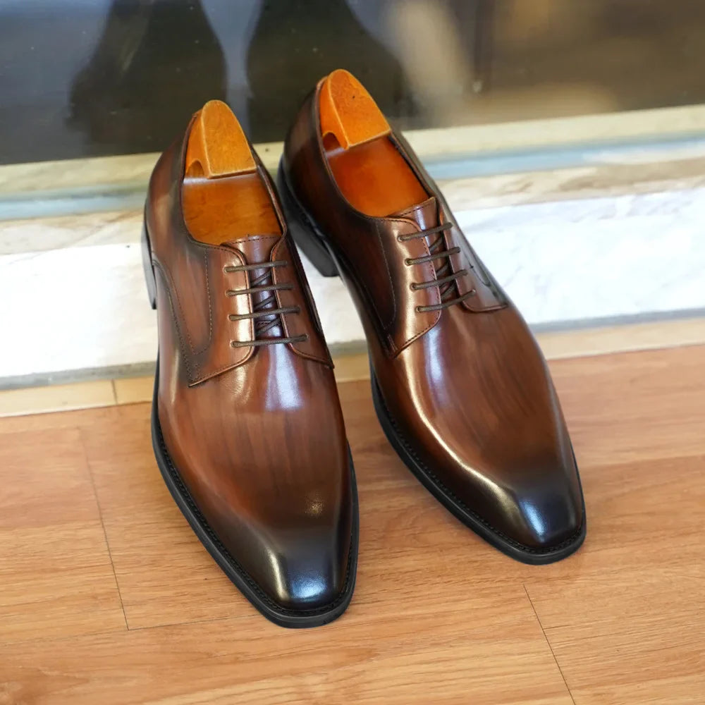 Men's Business Casual Shoes Distressed Wood Grain Square Toe Leather Derby Comfortable Office Wear Formal Dress Shoes Footwear