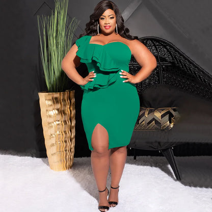 CM.YAYA Plus Size Women Ruffles Shoulder Sleeveless Bodycon Midi Dress 2023 Fashion INS Curve Sexy Party Club Dresses Vestidos