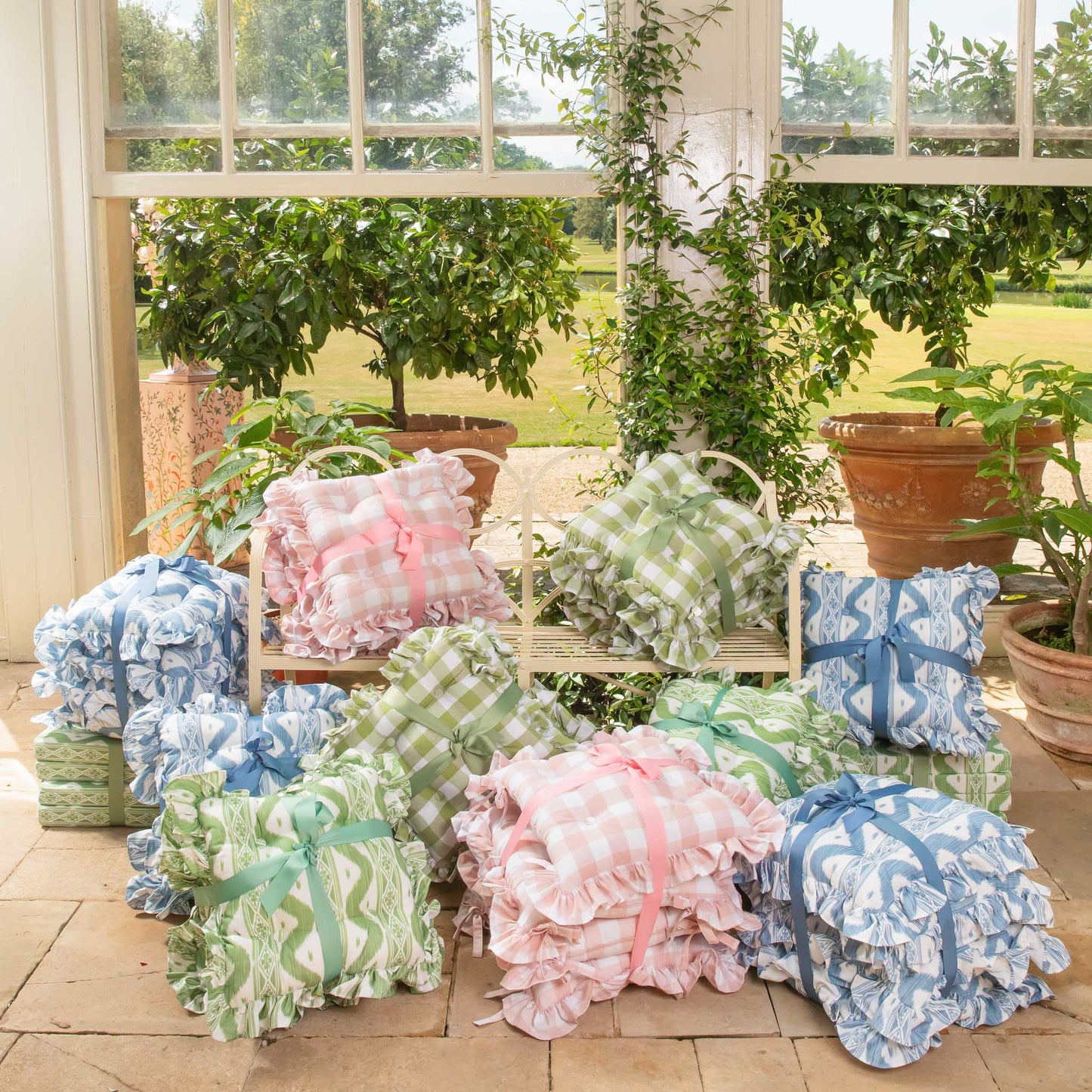 Green Gingham Ruffle Seat Pad Cushion