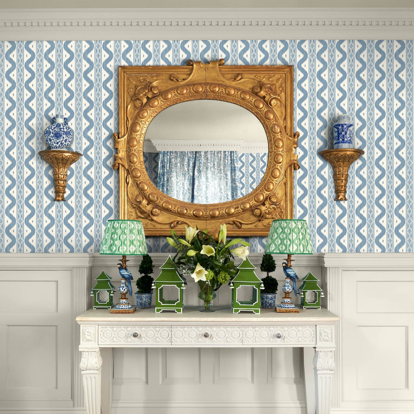 Blue Ikat Stripe Wallpaper